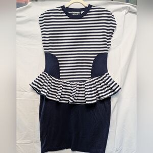 80s Vintage Striped Navy and White Peplum Dress, Dolman Sleeves w/ Shoulder Pads